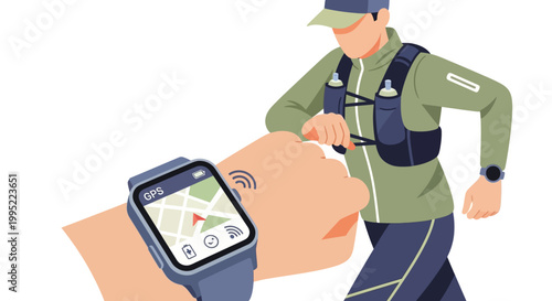 A male runner checking his smartwatch during a workout session. EPS Editable. Vector Illustrations.