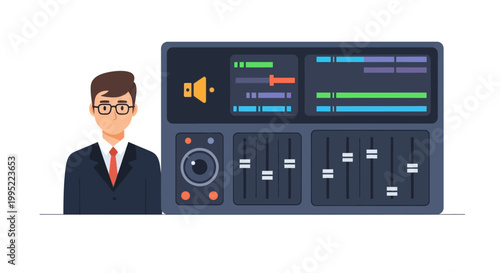 A male radio host wearing a suit and glasses stands beside a digital audio mixing console. EPS Editable. Vector Illustrations.