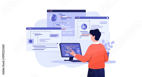 A male software developer working on code in front of multiple computer screens. EPS Editable. Vector Illustrations.