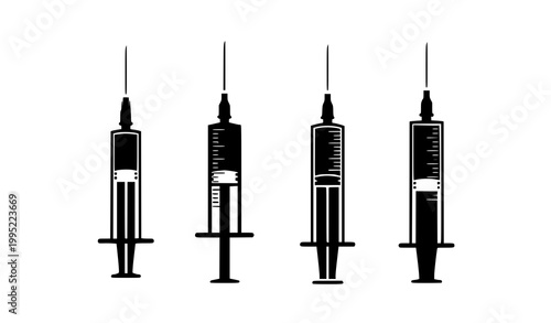 Syringe silhouettes set with four medical injection designs showing liquid levels isolated vector