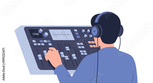 A male sound engineer operating a professional audio mixing console while wearing headphones. EPS Editable. Vector Illustrations.