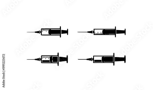 Medical syringe silhouette collection with injection tools and liquid levels in grid layout vector