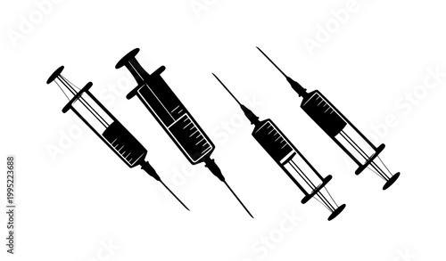 Stylized syringe silhouettes with dynamic medical injection designs and fluid levels vector