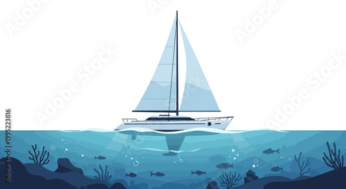 A modern white sailing yacht floating on the calm ocean surface. EPS Editable. Vector Illustrations.