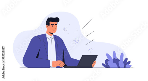 A Professional Businessman Working Concentratedly on a Laptop Computer. EPS Editable. Vector Illustrations.