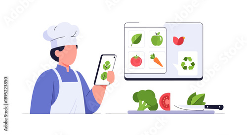 A professional chef checking a digital recipe on a tablet in a kitchen. EPS Editable. Vector Illustrations.