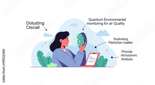 A scientist examining air quality data using advanced quantum monitoring technology. EPS Editable. Vector Illustrations.
