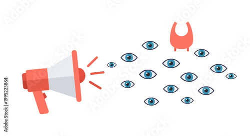 A red megaphone broadcasting messages towards a cluster of floating human eyes. EPS Editable. Vector Illustrations.