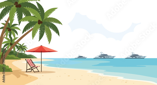 A serene tropical beach scene with palm trees a beach chair and a red umbrella. EPS Editable. Vector Illustrations.