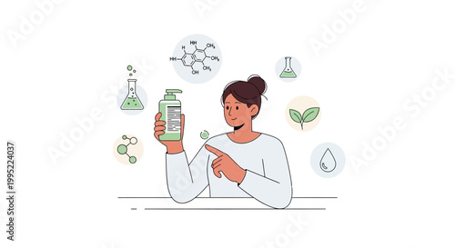 A woman holding and pointing at a bottle of organic cosmetic skincare product. EPS Editable. Vector Illustrations.