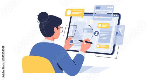A woman professional focused on digital data management and design tasks on a screen. EPS Editable. Vector Illustrations.