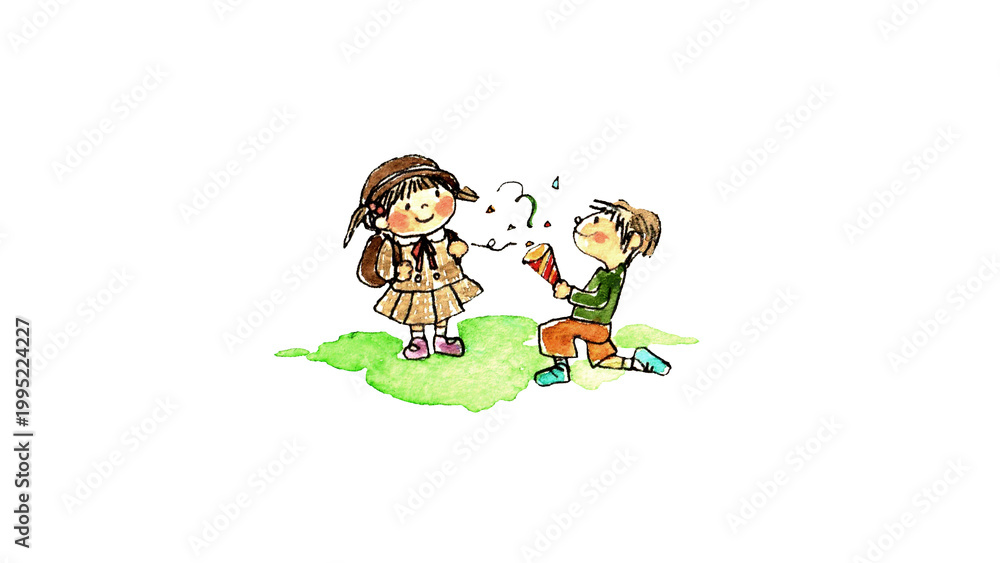 Naklejka premium 小学校の入学式でお祝いする子供たちの水彩イラスト 新一年生・クラッカー Watercolor illustration of children celebrating elementary school entrance ceremony