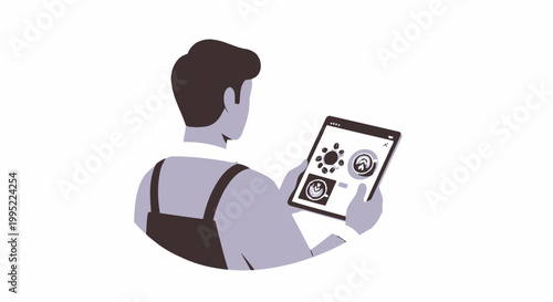 A young professional man reviewing restaurant menu options on a digital tablet screen. EPS Editable. Vector Illustrations.