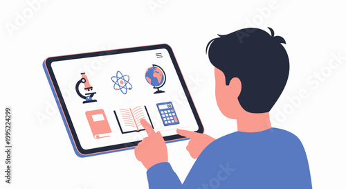 A young student using a digital tablet for interactive educational learning. EPS Editable. Vector Illustrations.