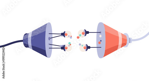 Abstract conceptual illustration of two colorful conical power connectors facing each other with floating data particles. EPS Editable. Vector Illustrations.
