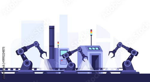 Automated Industrial Robotic Arms Operating on a Manufacturing Production Line. EPS Editable. Vector Illustrations.