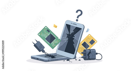 Broken smartphone with scattered internal components and charger. EPS Editable. Vector Illustrations.