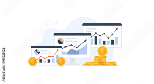 Business growth analysis with financial charts and golden coins. EPS Editable. Vector Illustrations.