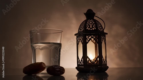 still life with lantern, glass of water and dates