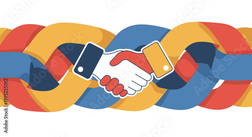 Business handshake icon centered on colorful intertwined chain links. EPS Editable. Vector Illustrations.