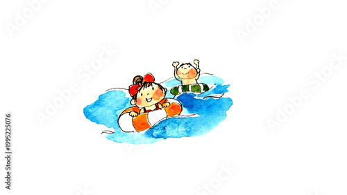 海やプールで浮き輪を使って泳ぐ子供たちの水彩イラスト　夏休み・レジャー素材
Watercolor illustration of children swimming with swim rings in the sea or pool