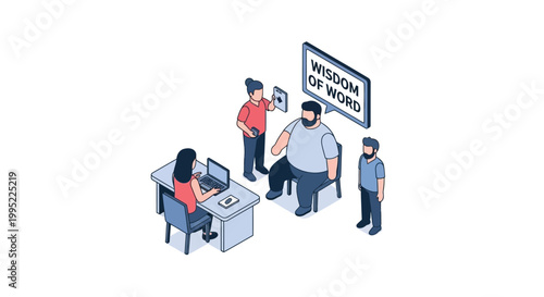 Isometric illustration of a group of people in a meeting discussing wisdom.