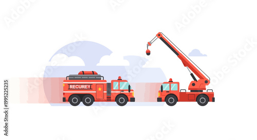 Cartoon illustration of red fire engine truck and ladder fire rescue vehicle. EPS Editable. Vector Illustrations.