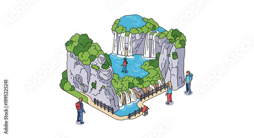 Illustrated Waterfall Scene with People Exploring the Natural Wonder.