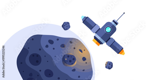 Cartoon satellite exploring a large asteroid in deep space. EPS Editable. Vector Illustrations.