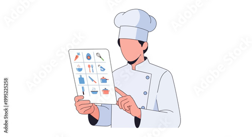 Chef in uniform pointing at a menu with food icons. EPS Editable. Vector Illustrations.
