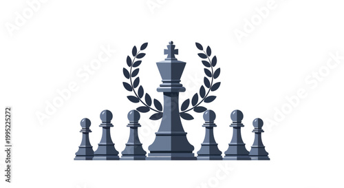 Chess king piece standing tall with pawns and laurel wreath. EPS Editable. Vector Illustrations.
