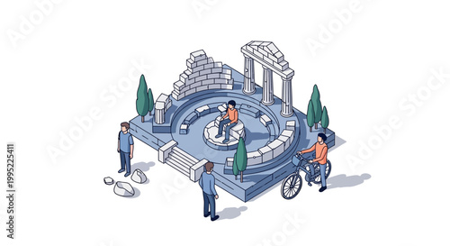 Isometric Illustration of Ancient Ruins with People Interacting.