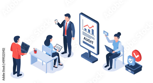 Isometric illustration of business people auditing financial data and reports.