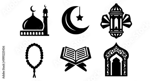 Islamic Eid Silhouette Collection Mosque Moon Lantern Vector Illustration Set