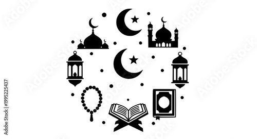 Eid ul Fitr Islamic Silhouette Vector Set Mosque Moon Religious Illustration Collection