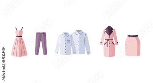 Collection of stylish womens clothing items displayed. EPS Editable. Vector Illustrations.