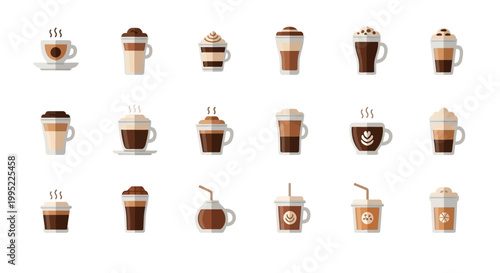 Collection of various coffee drinks and hot beverages in cups and glasses. EPS Editable. Vector Illustrations.