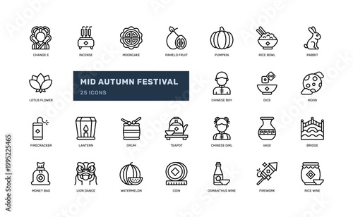 Mid Autumn Festival Line Icon Set Chinese Moon Holiday Outline icon