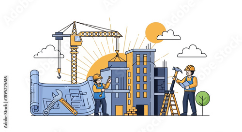 Construction site with workers crane and building blueprints. EPS Editable. Vector Illustrations.