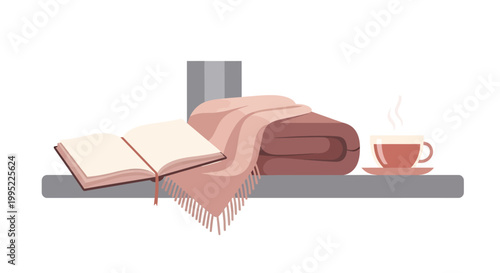Cozy reading nook setup with an open book blanket and hot tea on a shelf. EPS Editable. Vector Illustrations.