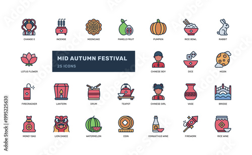 Mid Autumn Festival Colored Outline Icon Set Chinese Moon Holiday