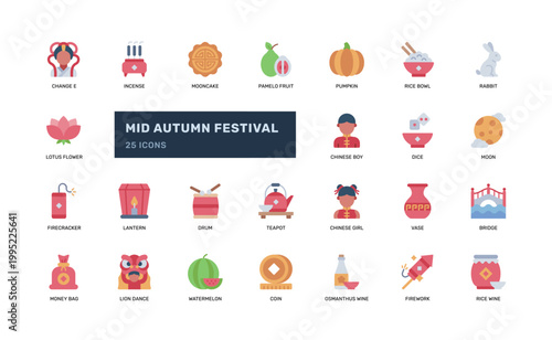 Mid Autumn Festival Flat Icon Set Chinese Moon Holiday Collection