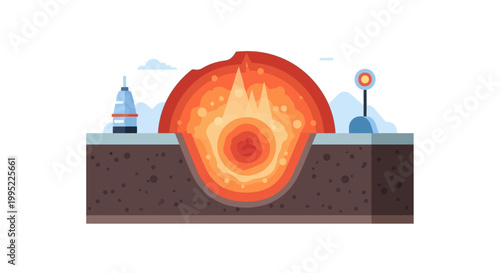 Cross section of Earth showing molten core and magma chamber. EPS Editable. Vector Illustrations.