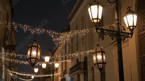 festive city street at night with illuminated lanterns and fairy light