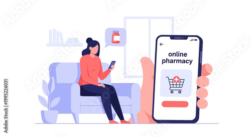 Woman uses phone for online doctor consultation on couch with telemedicine illustration on screen