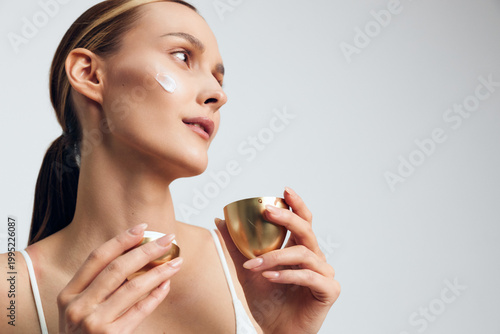 Bild auf Leinwand Woman face skincare cream beauty self care hydration spa concept, moisturizer on