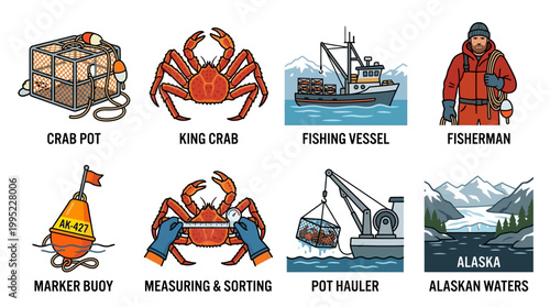 Set of icons depicting essential Alaskan crabbing equipment including a king crab, fisherman, traps, and nautical tools for commercial fishing