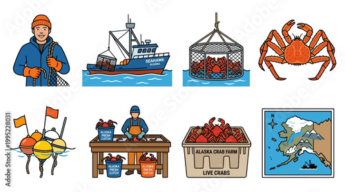 An illustrated collection of Alaskan crab fishing and processing elements, including a fisherman, boat, and trap.