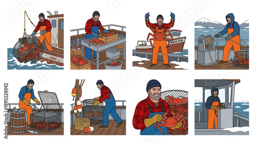 Dedicated commercial fisherman wearing orange waterproof gear catches and processes fresh red king crabs during his daily maritime work shift