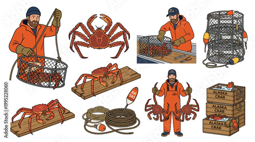 Alaskan crab fisherman with traps, ropes, buoys, and harvested crabs in crates.